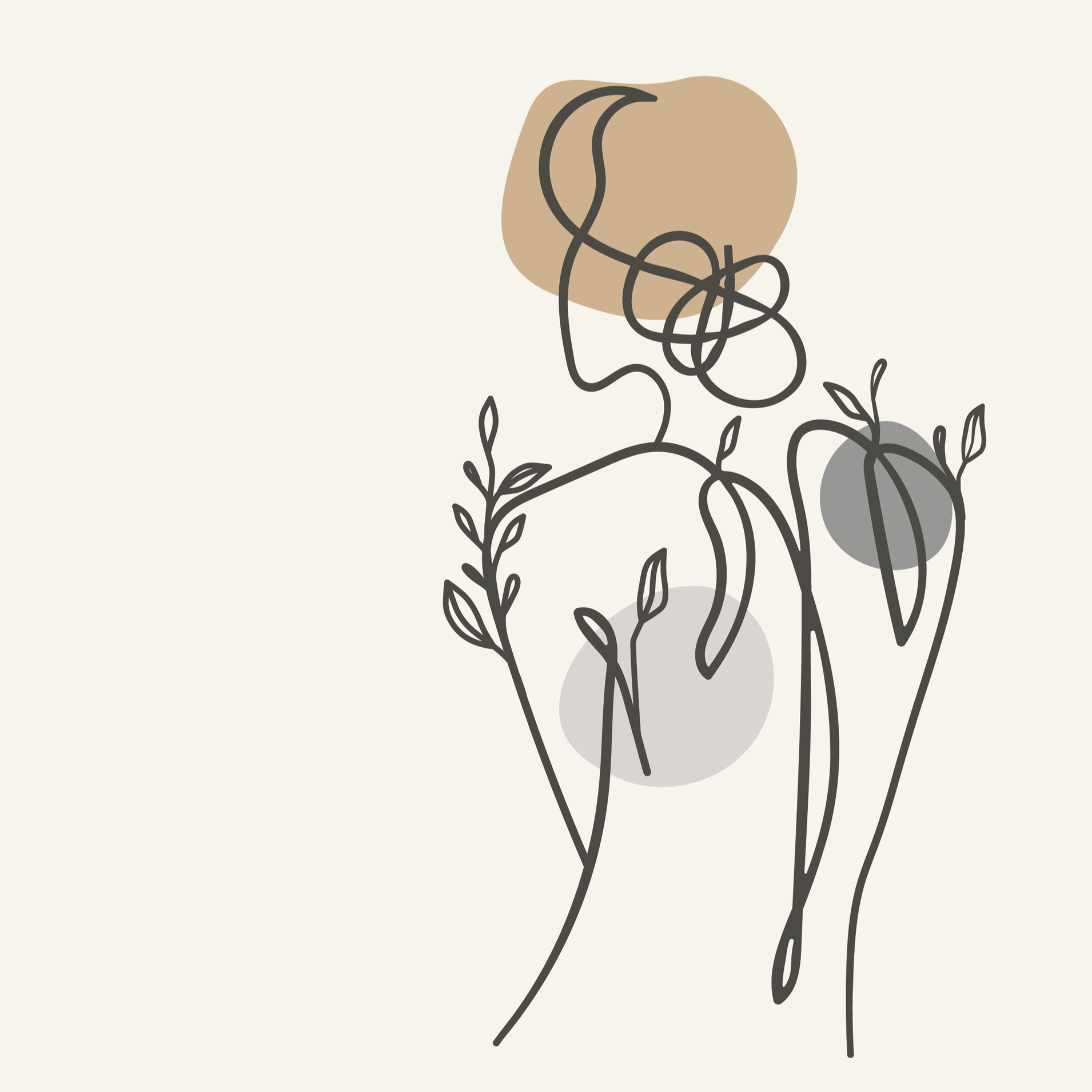 Line drawing of a woman’s back with leaves growing from her body, representing healing through massage, cupping, and sound therapy