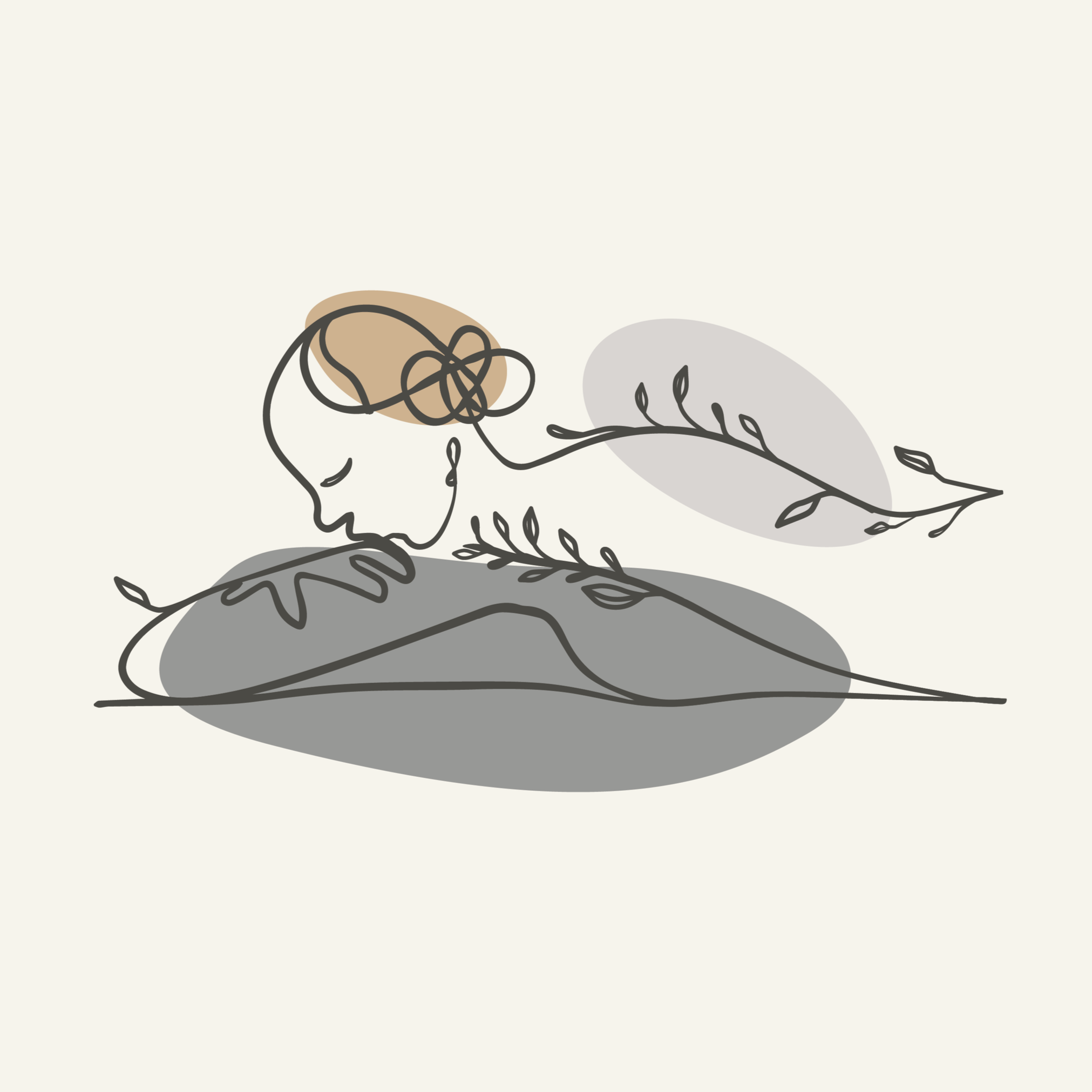 Line drawing of a woman laying down with her chin resting on folded arms, leaves growing from her body, overlaid with grey and brown circles, representing a Thai and Shiatsu massage session