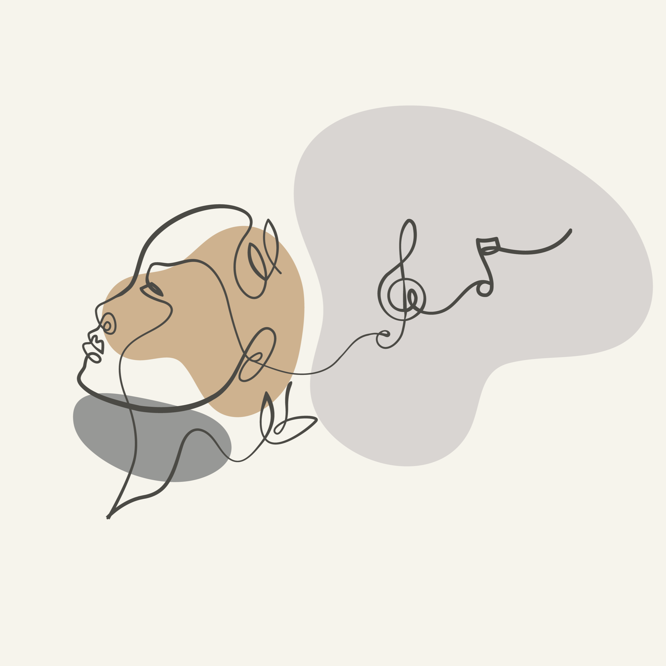 Line drawing of a person's head tilted back in repose, with swirling lines and musical notes overhead, overlaid with grey and brown circles, representing a sound healing session