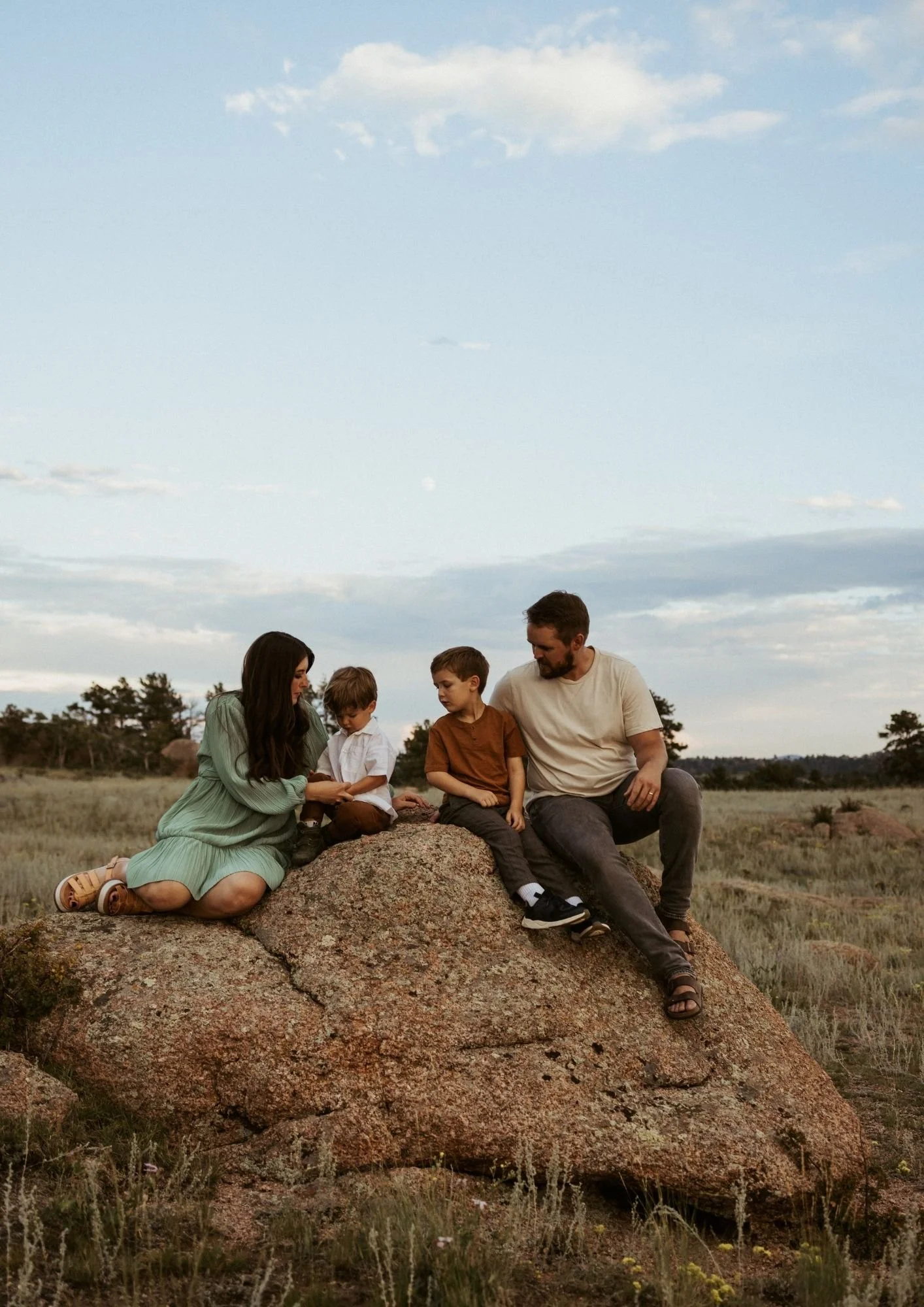 Family of four sitting on a large rock in a field during sunset, with grassy plains and trees in the background.