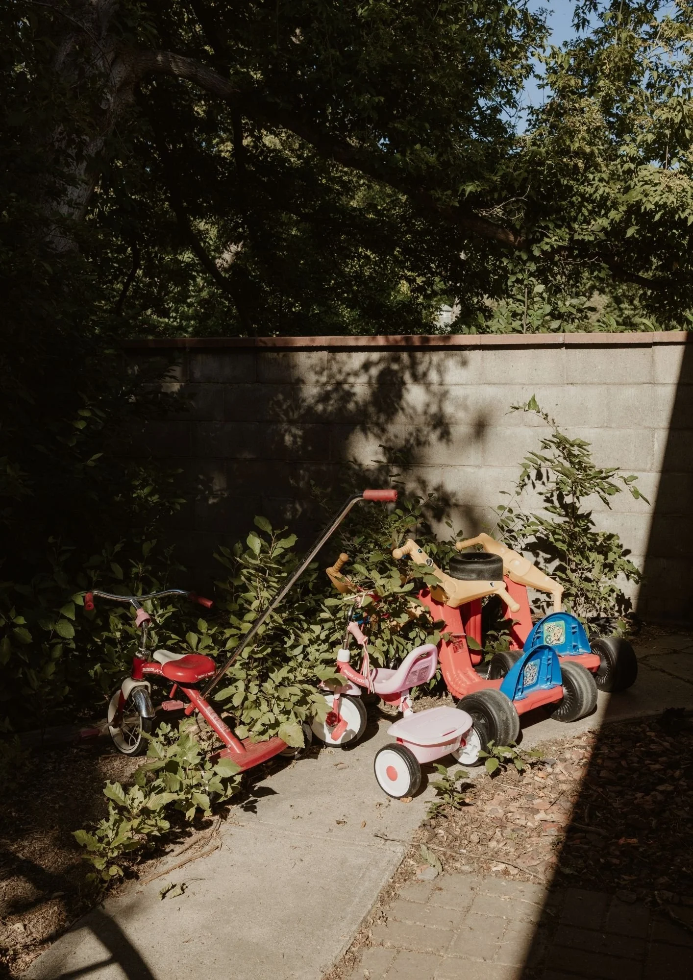 A group of children's ride-on toys, including a tricycle, a scooter, and two small cars, are parked on a sidewalk next to a bush and a concrete wall, with sunlight creating shadows.