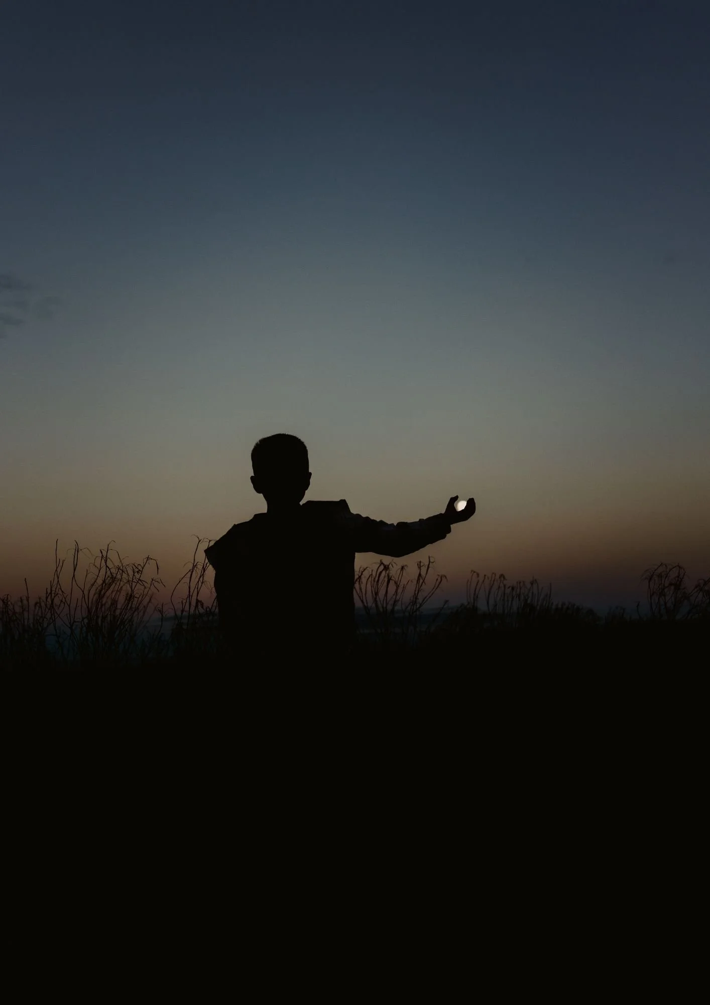 Silhouette of a person with raised hand standing in a field during sunset or dusk sky.