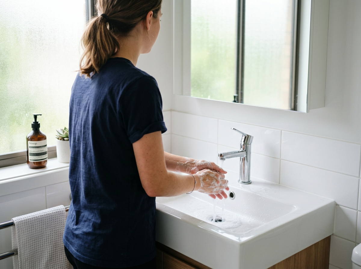 Person washing hands at bathroom sink with soap and water, mirror above