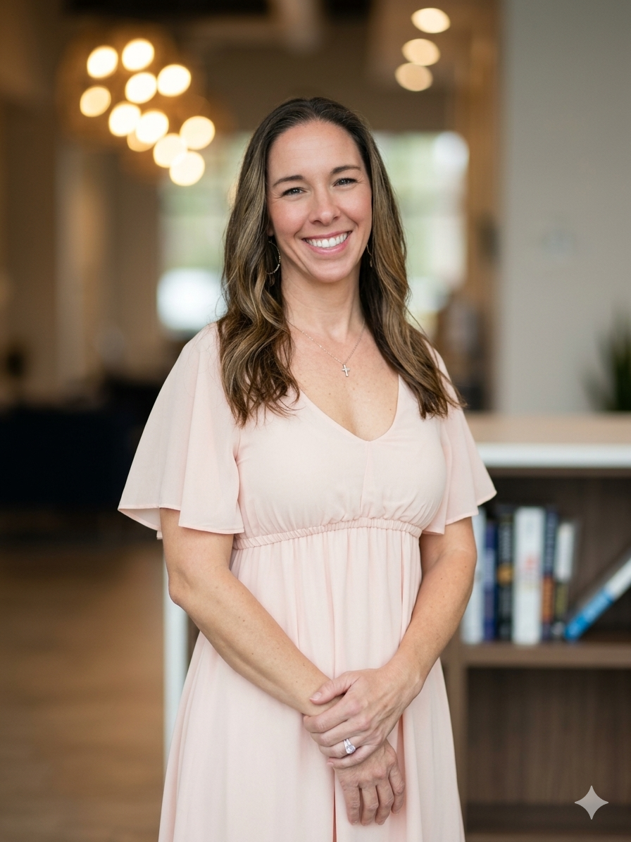 A smiling woman with long wavy hair standing indoors in front of a bookshelf, wearing a light pink dress and a cross necklace.