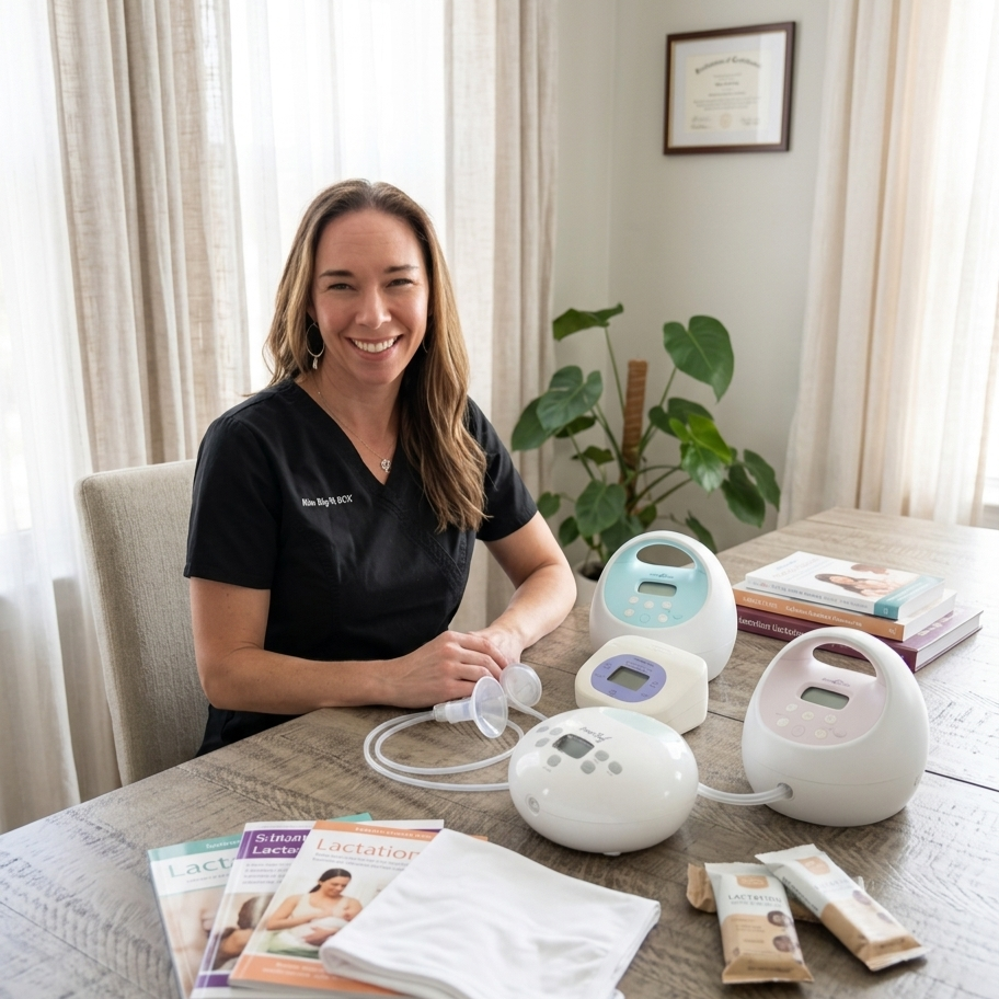 Woman sitting at a table with breast pump equipment, breastfeeding magazines, nurse apron, and supplements, in a well-lit room with curtains, framed certificate on wall, and a houseplant in the background.