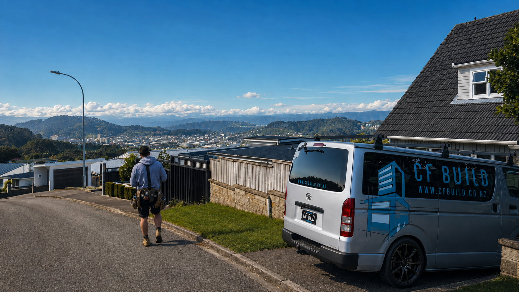 A man walking up a hill on a residential street with a city and mountains in the background. A van with 'CF Build' branding is parked nearby.