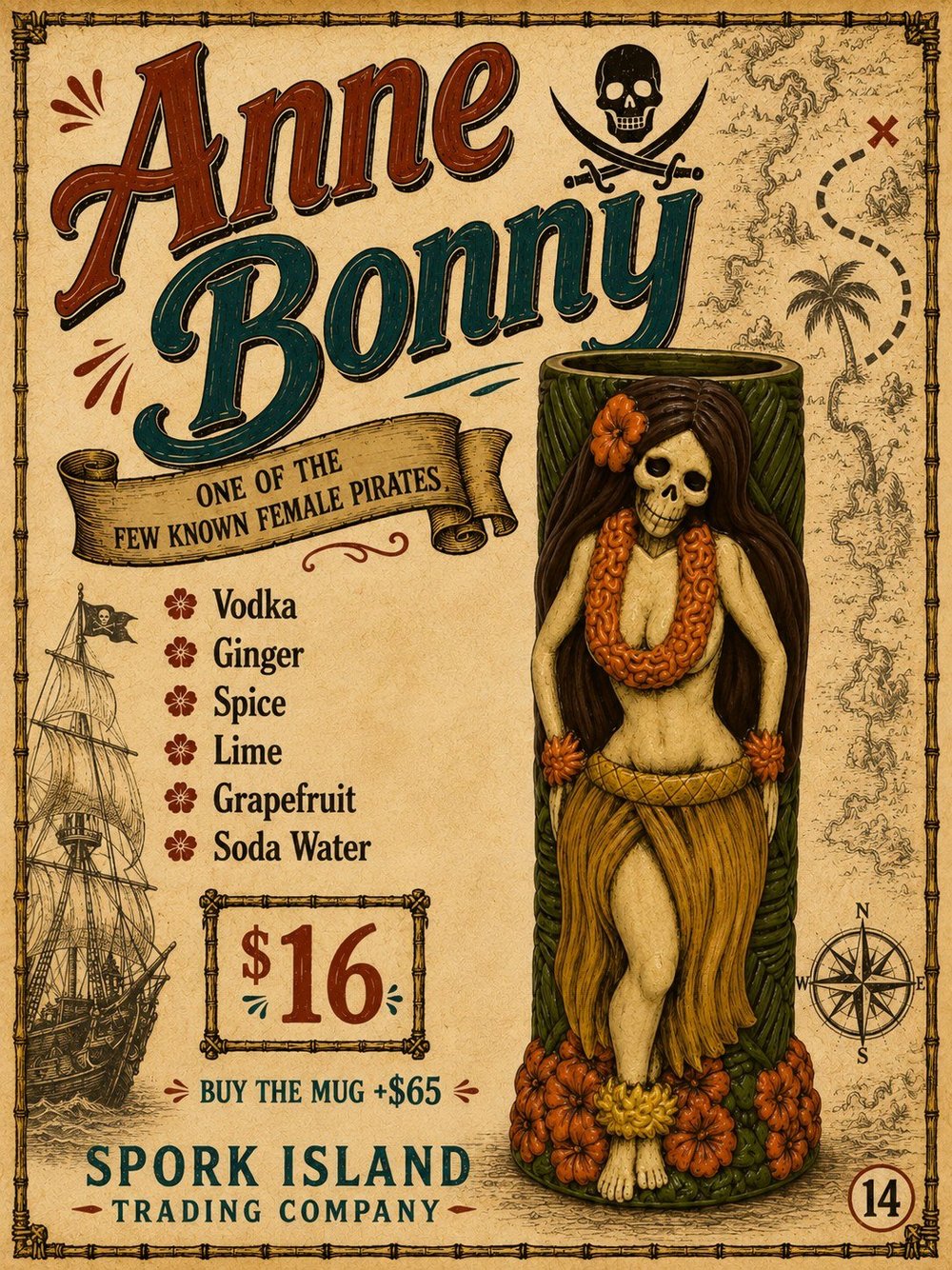 Anne Bonny cocktail at Spork Island Trading Company, served in a skeleton hula girl tiki mug on a pirate treasure-map background.
