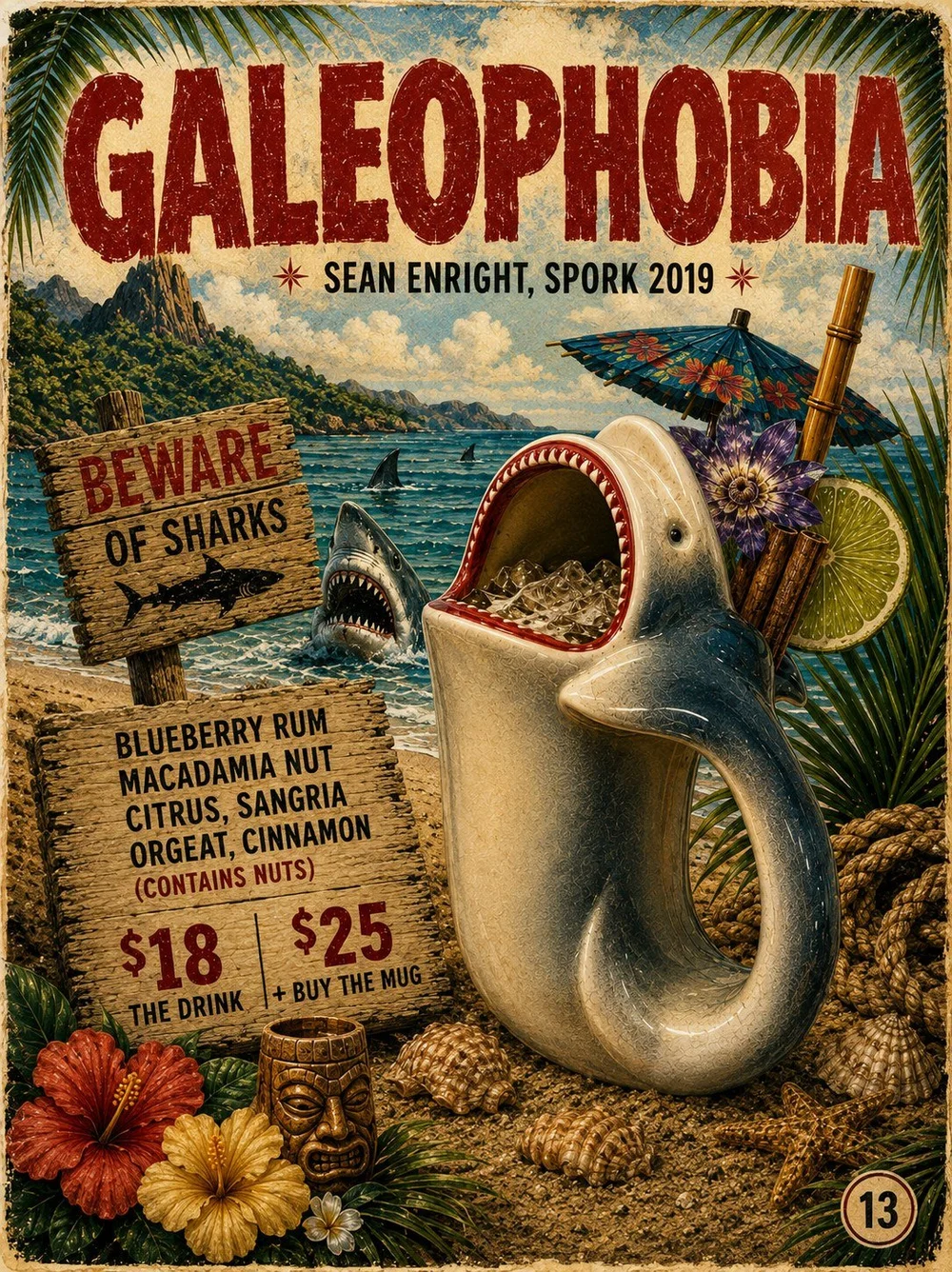 Galeophobia cocktail at Spork Island Trading Company, served in a ceramic shark tiki mug with crushed ice, lime wheel and a paper parasol.