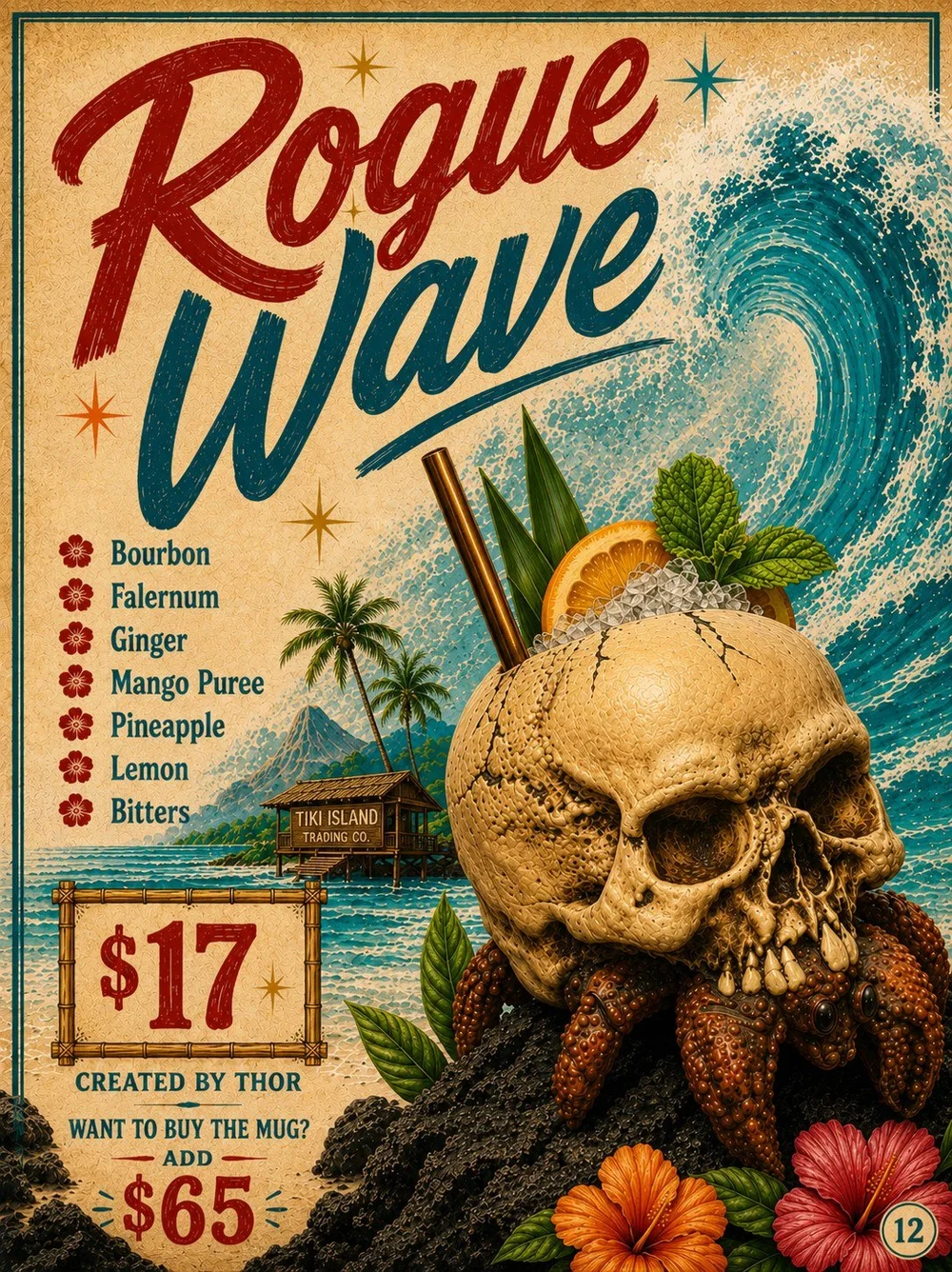 Rogue Wave cocktail at Spork Island Trading Company, served in a skull and coconut-crab tiki mug by Thor against a breaking wave.