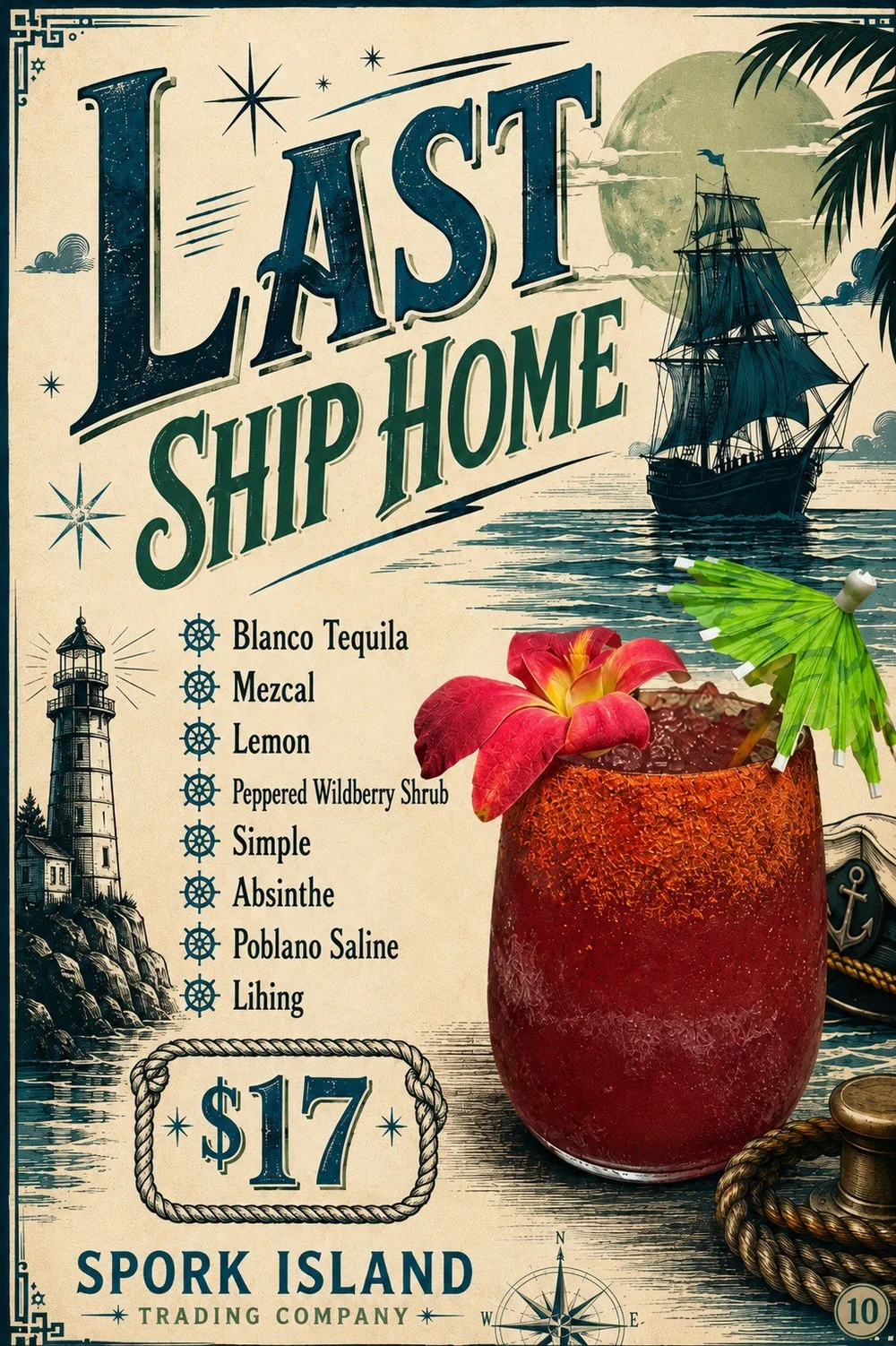 Last Ship Home cocktail at Spork Island Trading Company, a deep red tequila and mezcal drink with a lihing rim, tropical flower and parasol.
