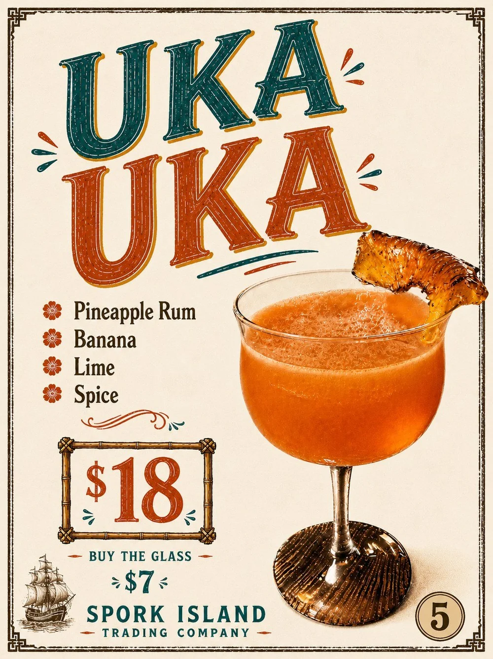 Uka Uka cocktail at Spork Island Trading Company, a frothy orange pineapple rum drink in a footed coupe with a charred pineapple wedge.