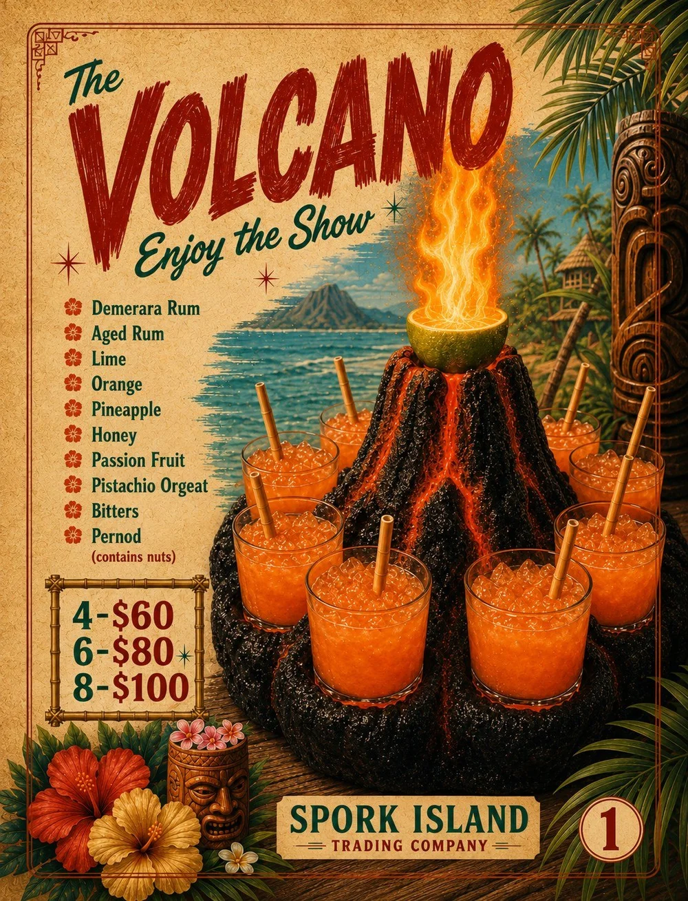 The Volcano shared tiki cocktail at Spork Island Trading Company: a flaming volcano centerpiece surrounded by eight glasses of orange rum punch with bamboo straws.