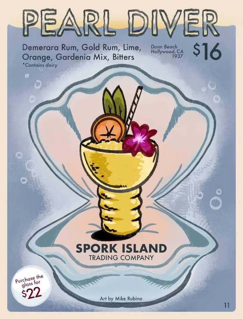 Pearl Diver cocktail at Spork Island Trading Company, the 1937 Donn Beach classic served in a gold footed glass cradled in a clam shell with an orange wheel and orchid. Art by Mike Rubino.