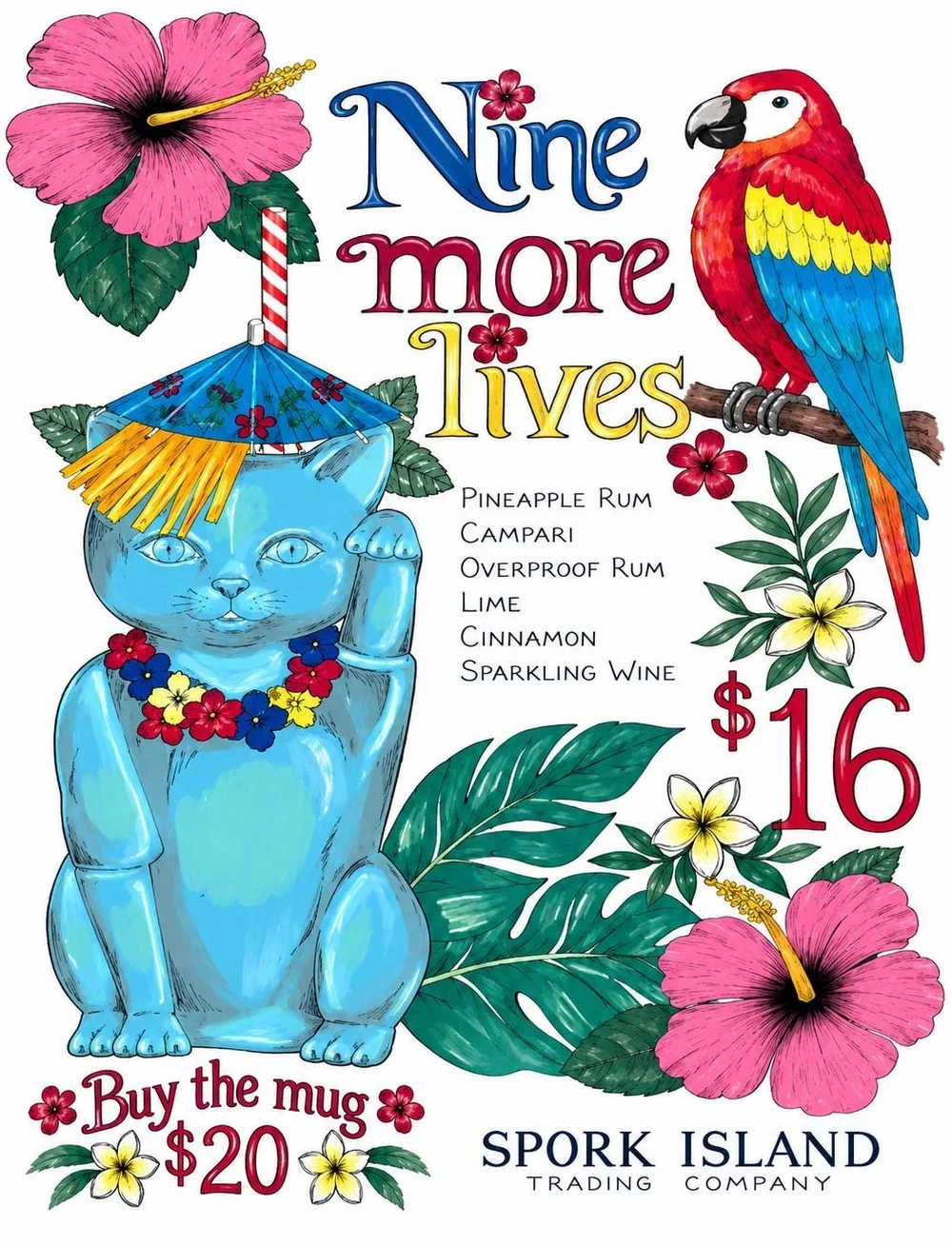 Nine More Lives cocktail at Spork Island Trading Company, served in a blue maneki-neko lucky cat tiki mug with a paper parasol, beside a scarlet macaw and hibiscus. Art by Mike Rubino.