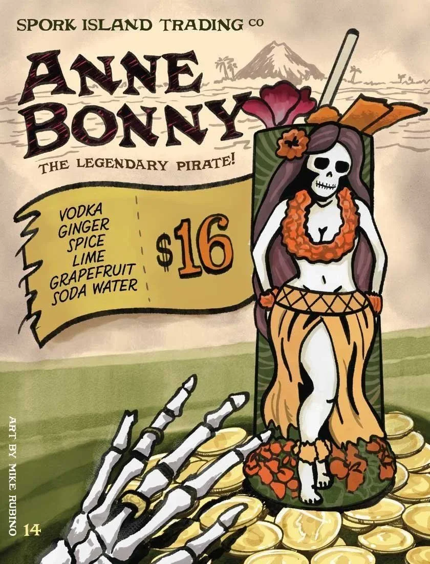 Anne Bonny cocktail at Spork Island Trading Company, served in a skeleton hula girl tiki mug standing on pirate gold, with a volcano on the horizon. Art by Mike Rubino.