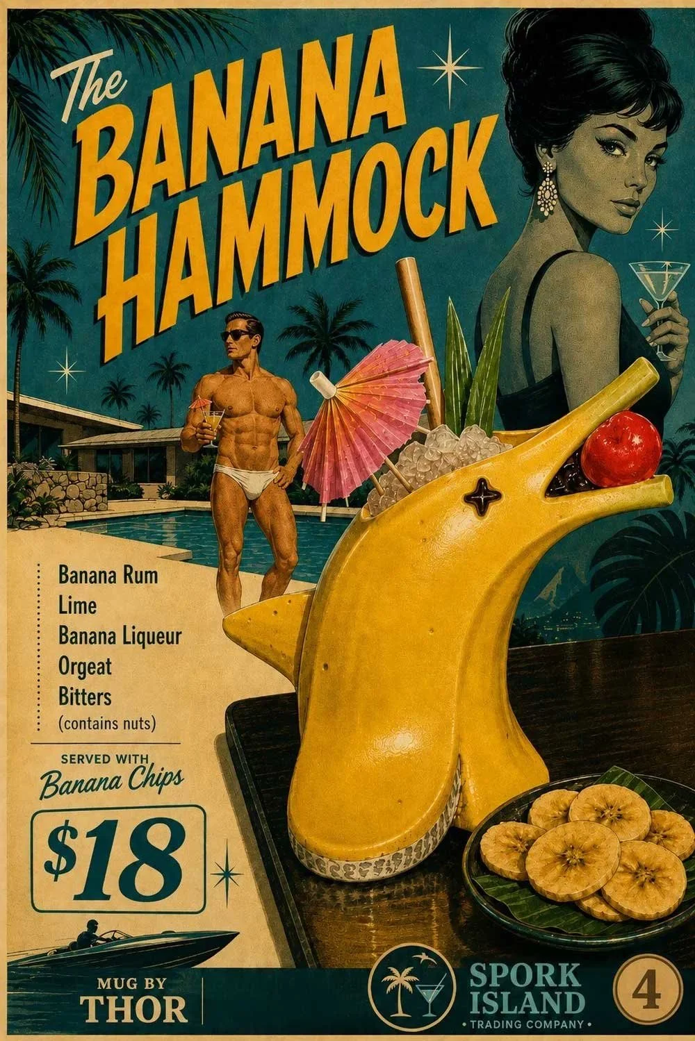 The Banana Hammock cocktail at Spork Island Trading Company, served in a yellow ceramic banana tiki mug by Thor with a pink parasol, beside a plate of banana chips.