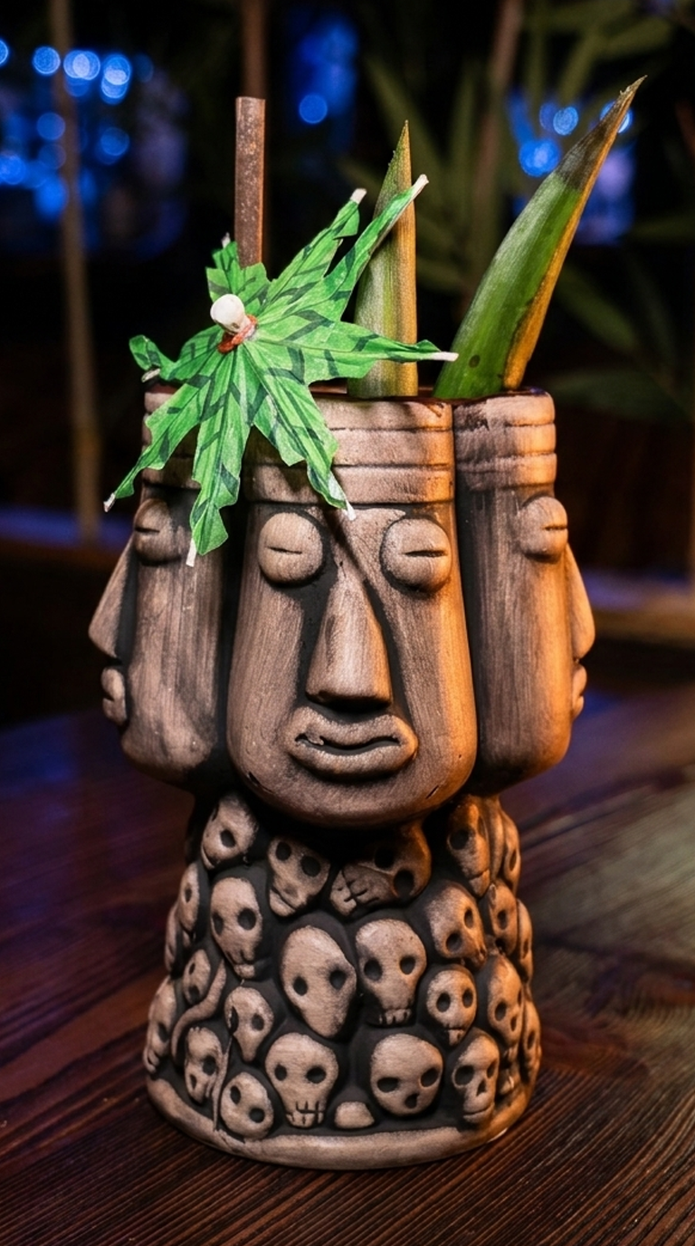 A carved stone-colored ceramic tiki mug with a totem-style face, resting on a base decorated with small skull carvings, garnished with a green paper parasol, straw, and cocktail spears, against a dark bamboo background with blue bokeh lights.