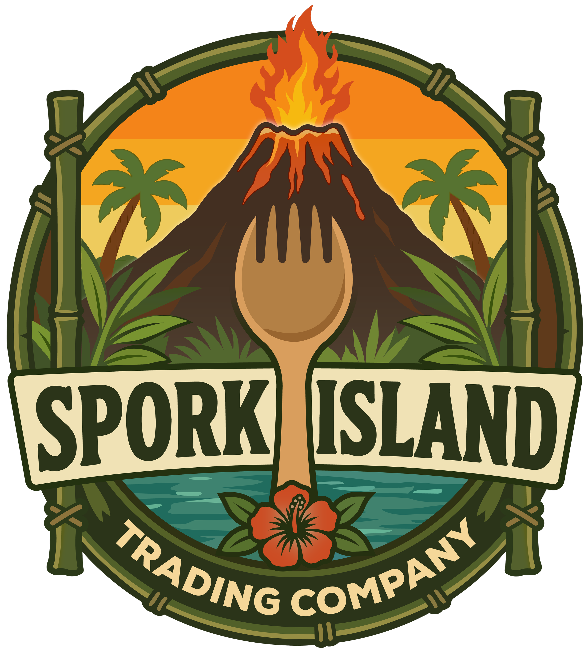 Spork Island Trading Company logo: a wooden fork rising from an erupting volcano, framed by palm trees and bamboo