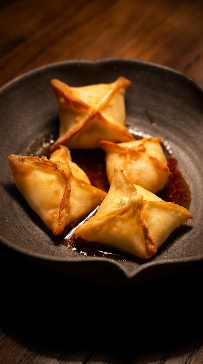 Four golden-brown crispy fried wonton dumplings arranged in a dark textured ceramic bowl with a scalloped rim, sitting in a reddish-amber chili sauce, on a dark wood table.