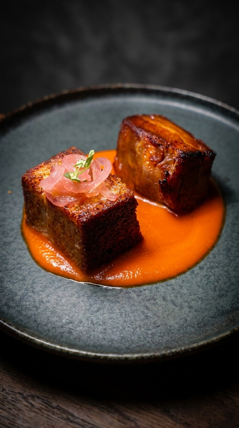Two seared pork belly cubes with dark caramelized crusts, plated on a slate-gray ceramic dish over a pool of orange sauce, topped with pickled red onion and a small herb sprig, set against a dark moody background.