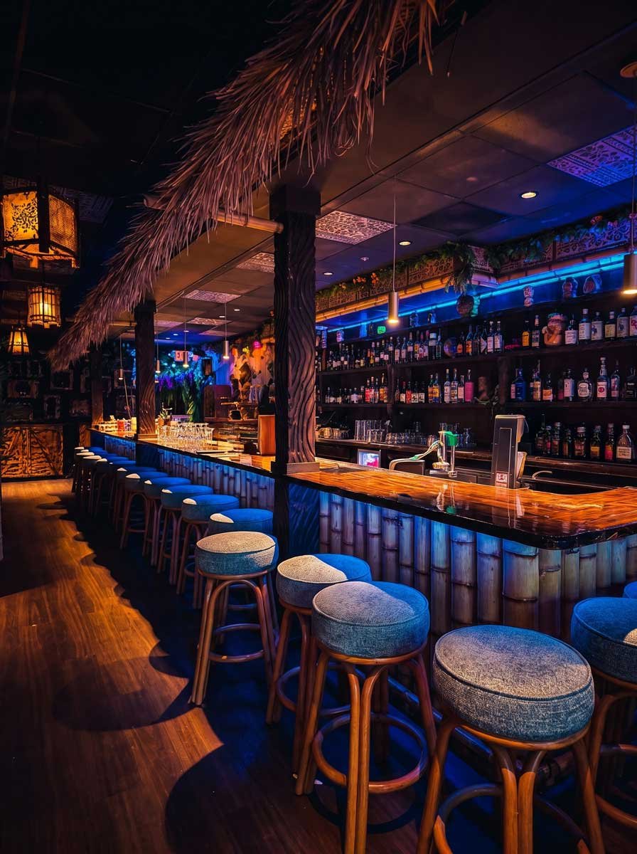 Tiki bar interior at Spork Island Trading Company with a thatched bamboo bar, blue neon lighting, backlit liquor shelves, and rows of empty barstools.