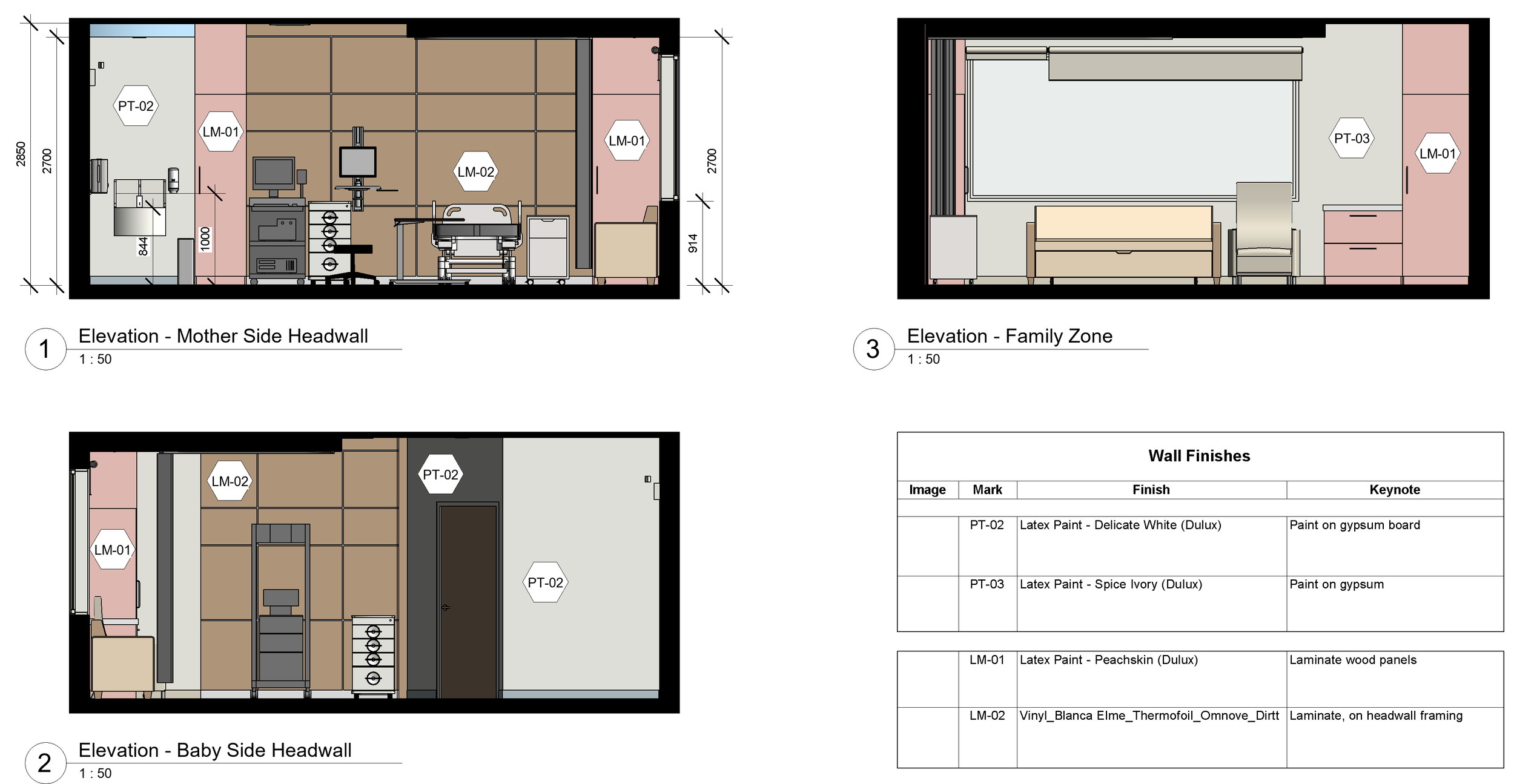 Patient room elevation with wall finish takeoff