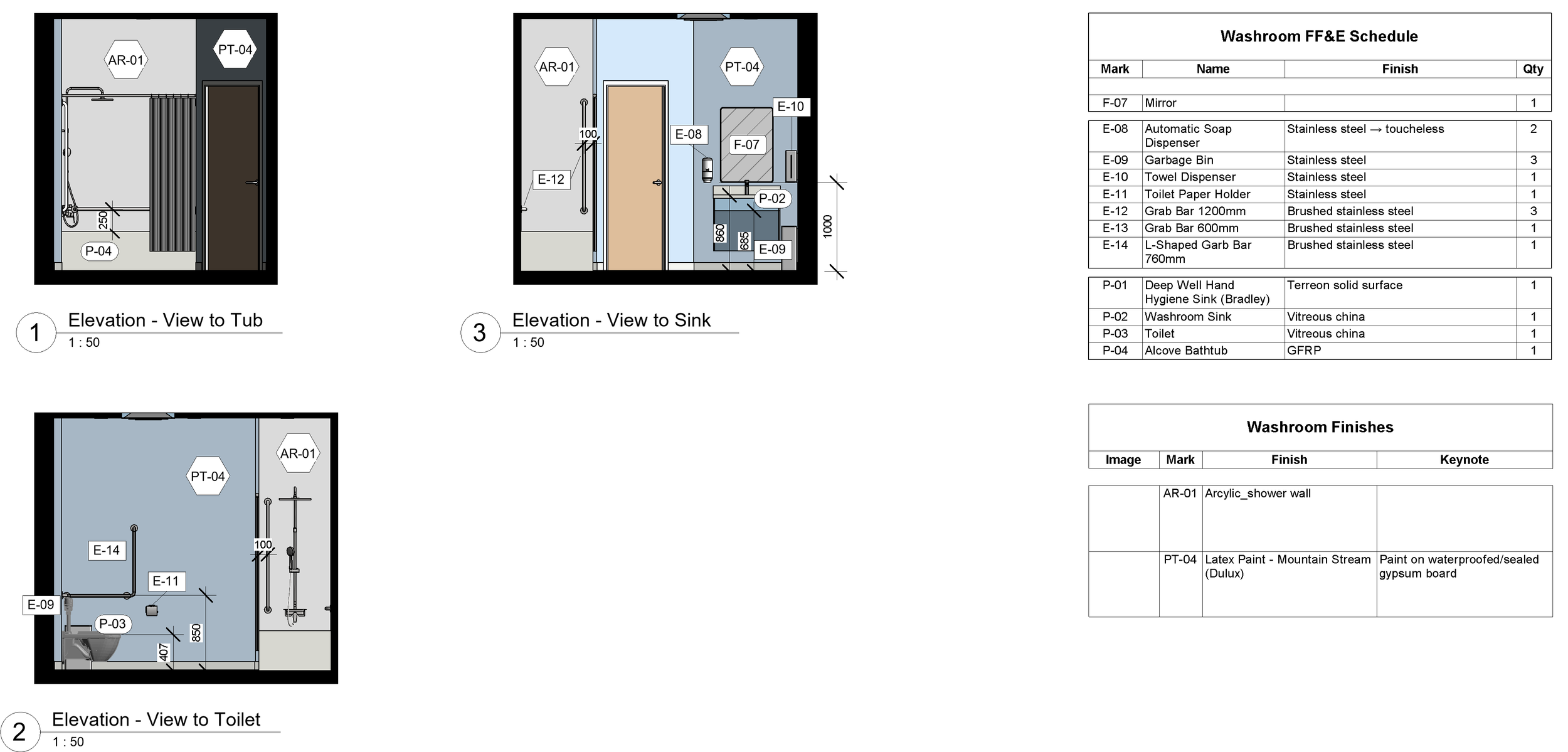 Washroom elevation with wall finishes and equipment schedule