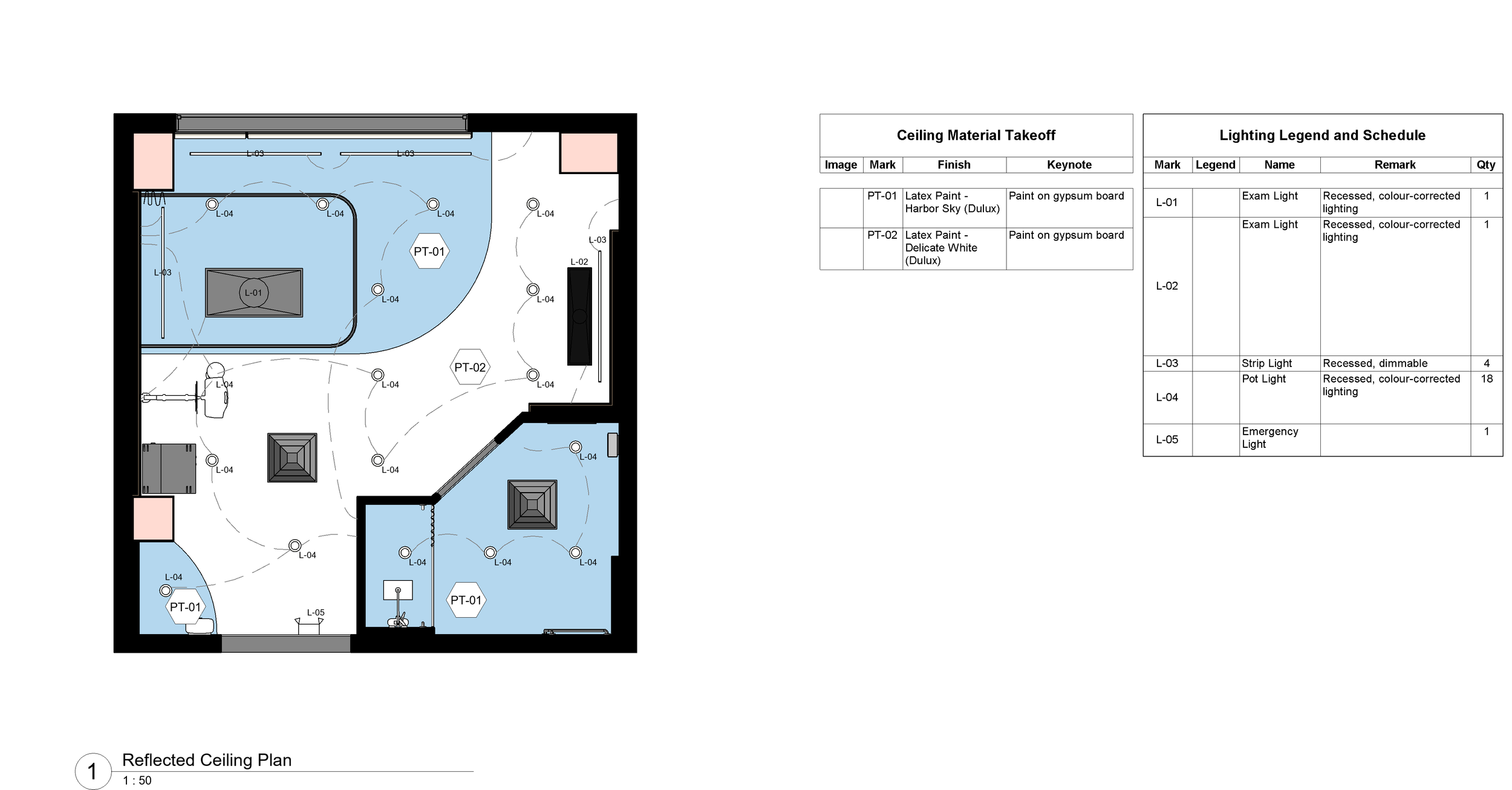 Reflected ceiling plan with lighting and ceiling finish schedule