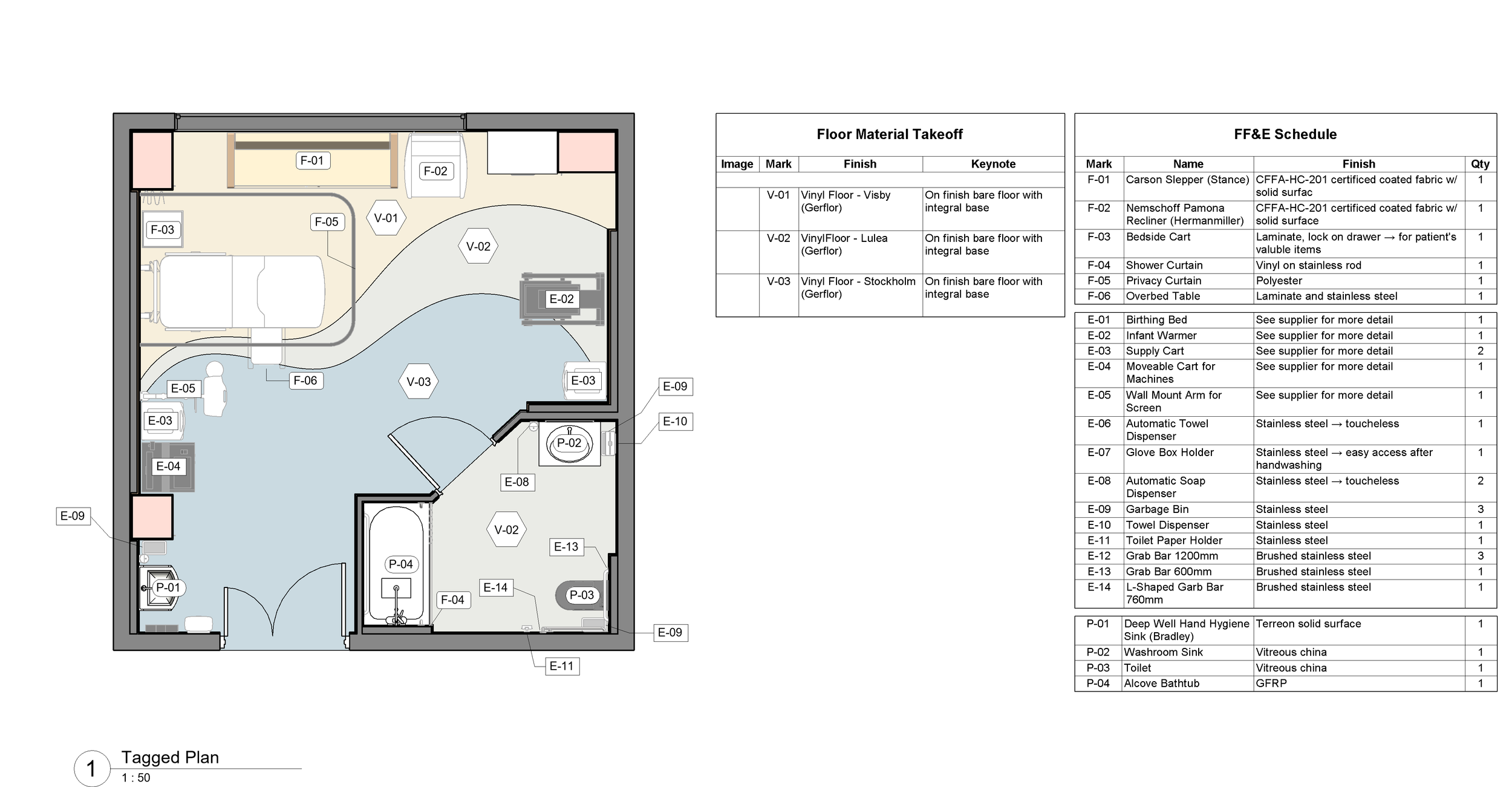 Tagged plan with floor finish takeoff and furniture schedule