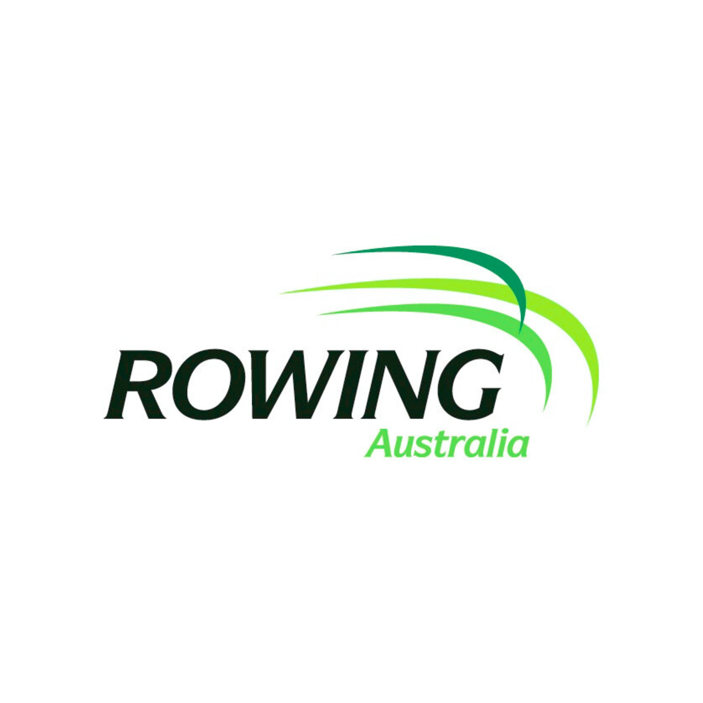 Logo for Rowing Australia with stylized green and blue boat and water lines