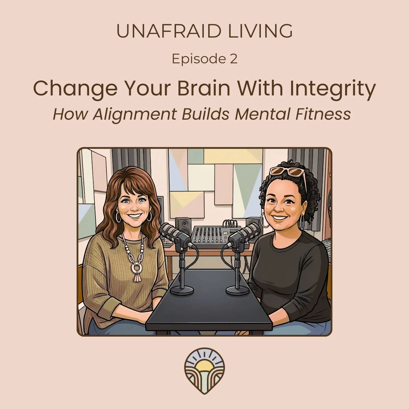 Podcast artwork, two women sitting at a table with microphones.