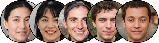 Close-up of five diverse young people smiling outdoors.