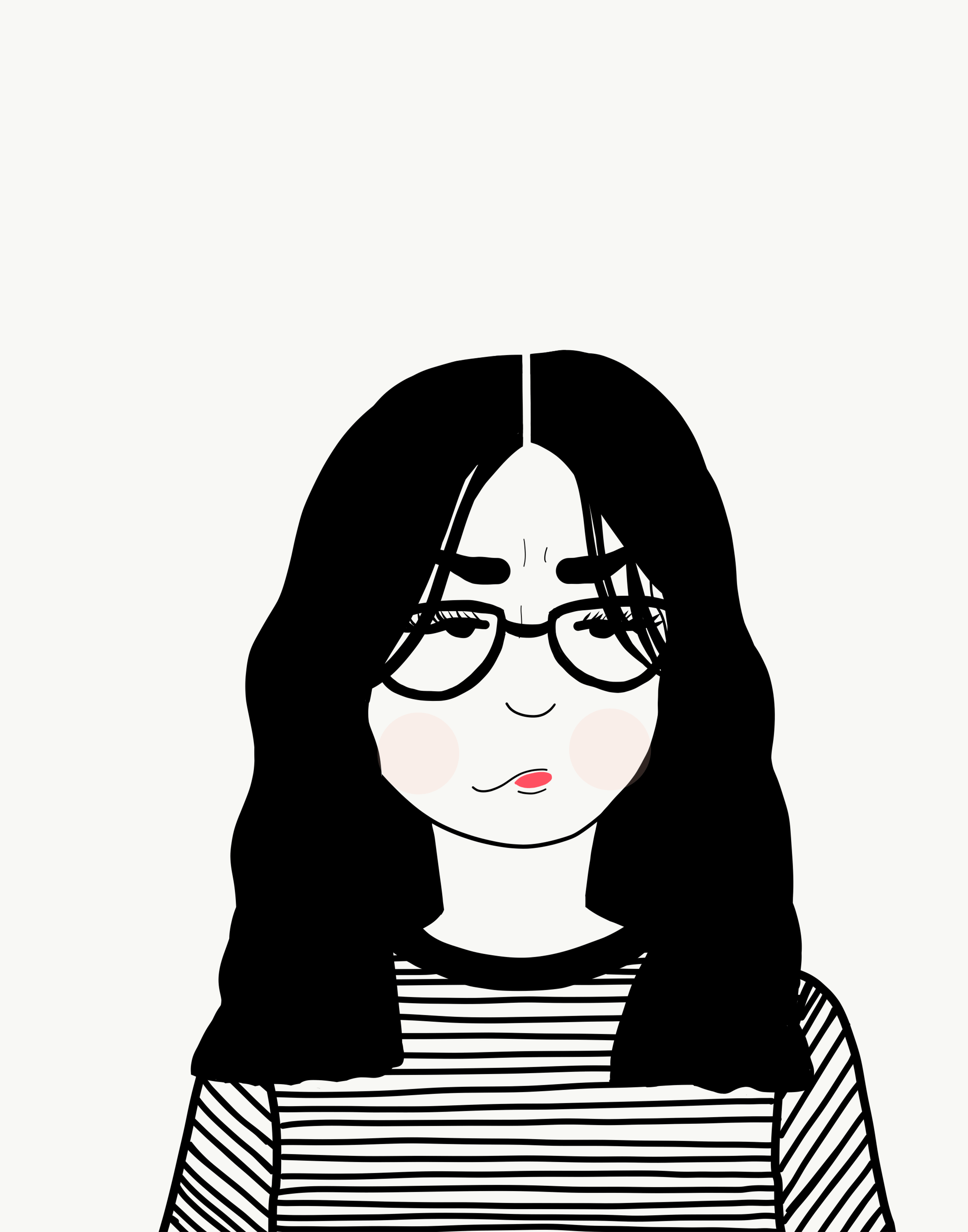 A digital illustration of a woman with black hair, glasses, pink cheeks, and a striped shirt, with a hand on her face and a neutral expression.