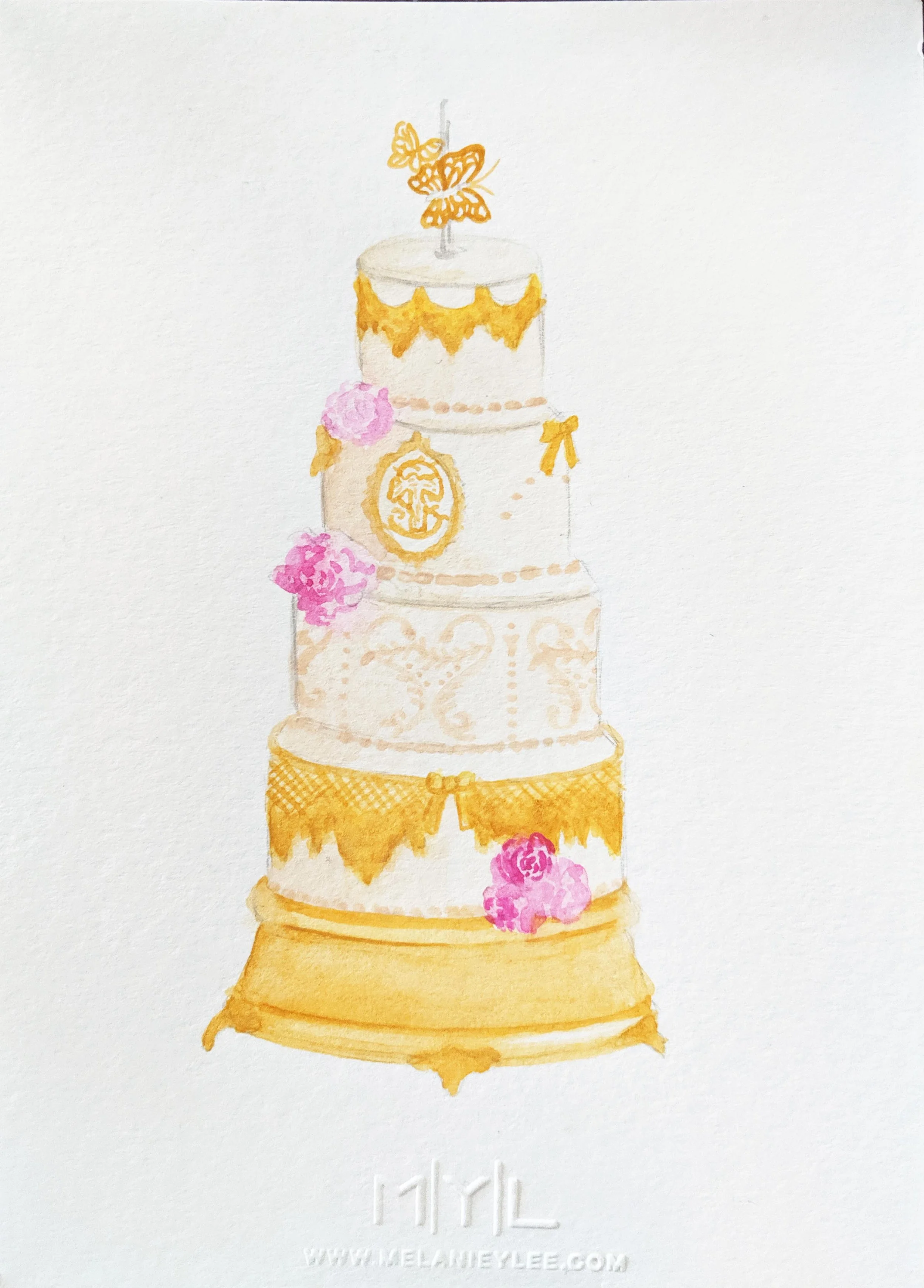 Watercolor painting of a tiered cake decorated with pink flowers, gold ribbon accents, and topped with gold butterfly decorations.