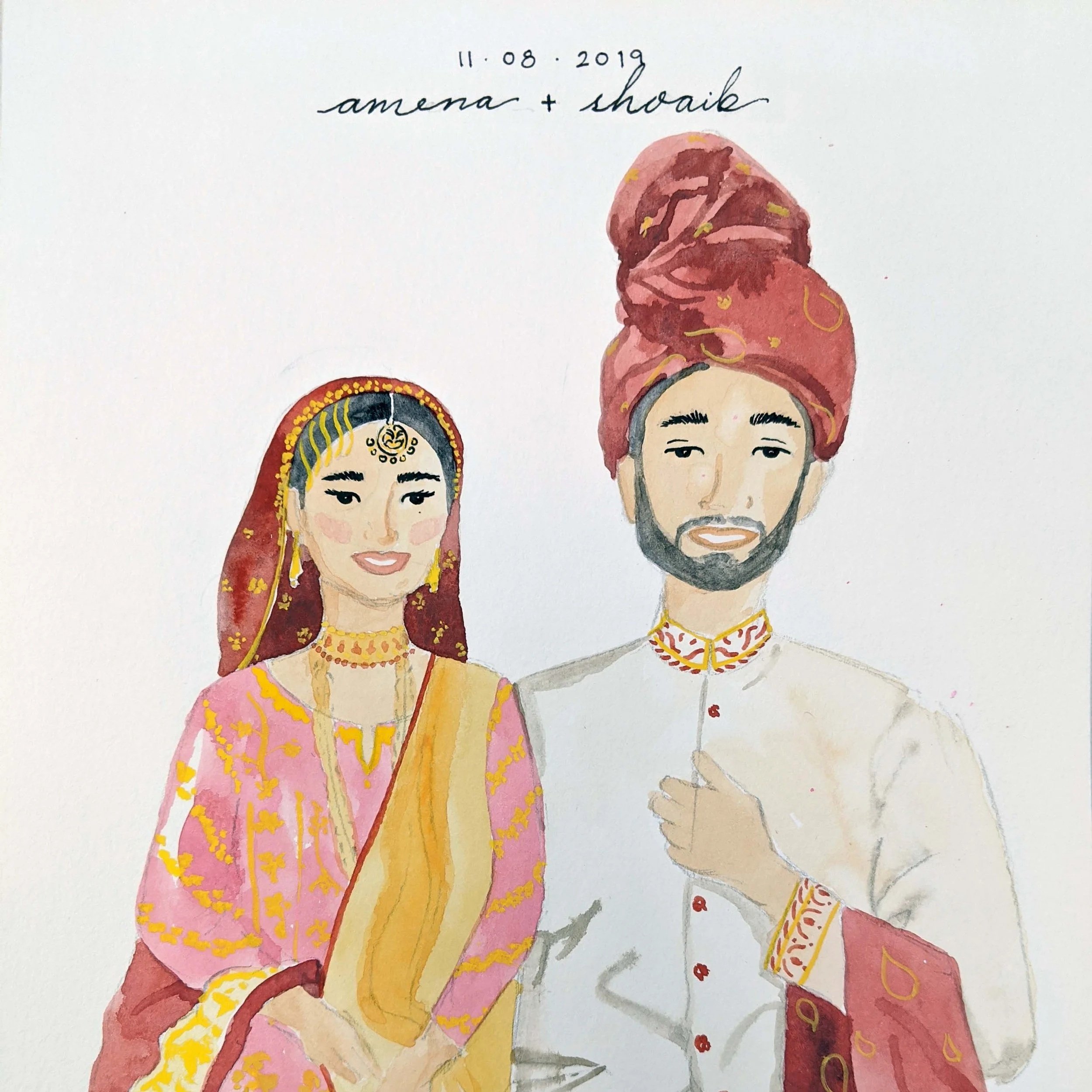 Watercolor illustration of a bride and groom dressed in traditional Indian wedding attire, with the date 11.08.2019 and the names Amna and Shoaib written above.
