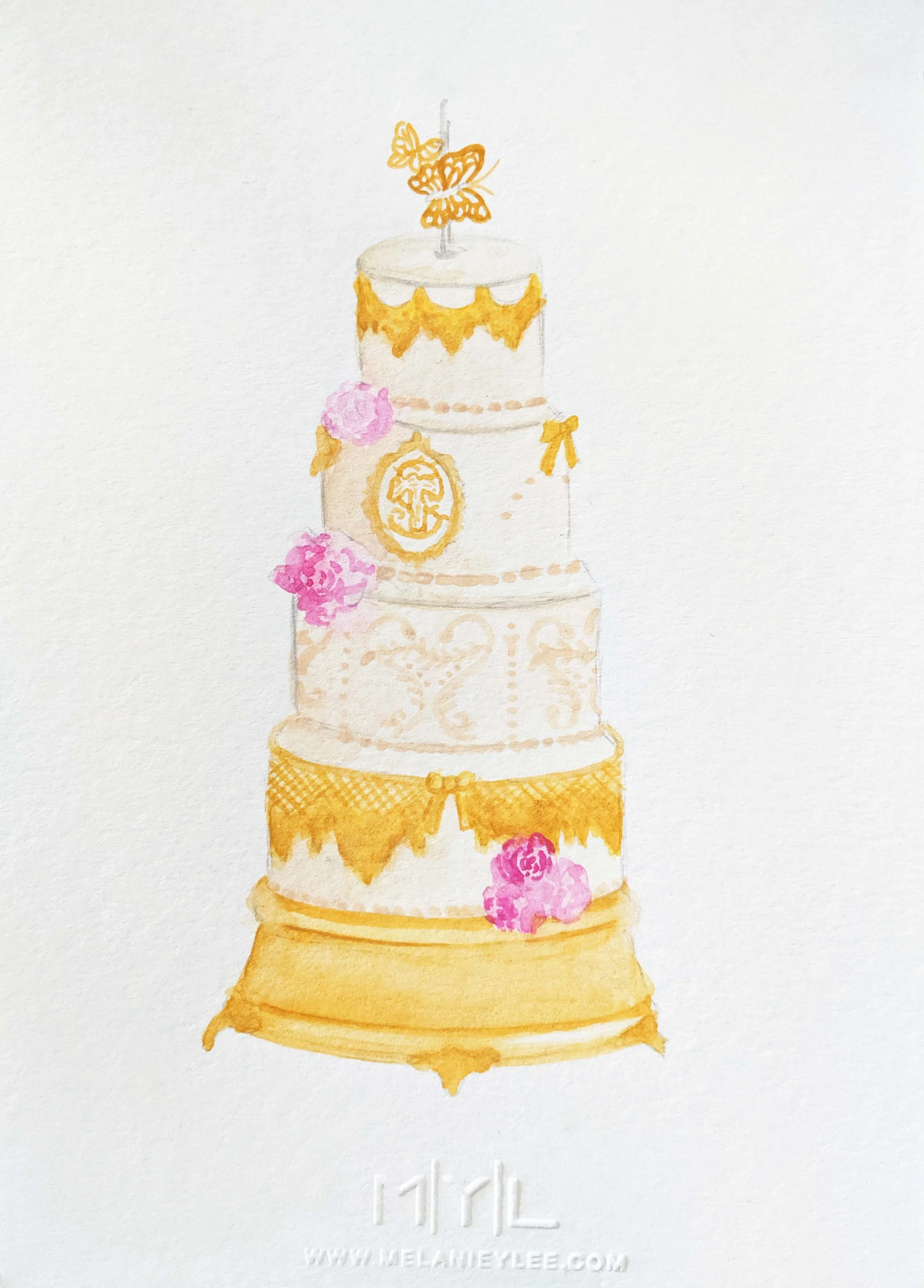A watercolor painting of a tiered yellow and white cake decorated with pink flowers, gold accents, and a butterfly topper.