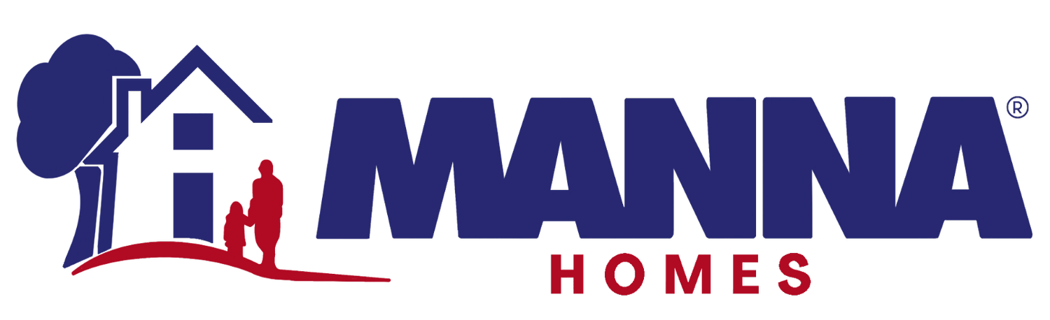 Logo for Manna Homes featuring a house outline, a tree, and two people, with blue and red text.
