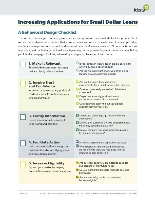 Checklist: Increasing Applications for Small Dollar  Loans