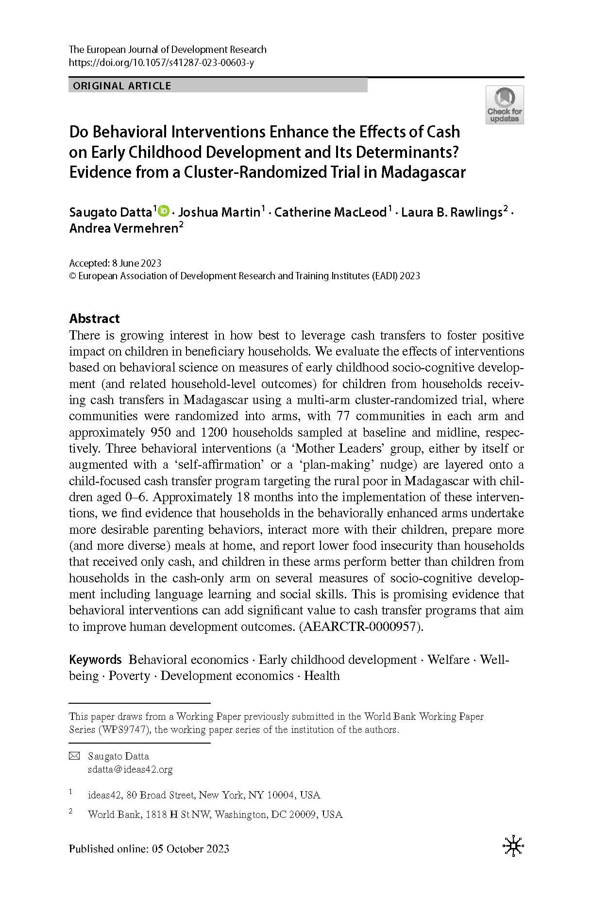 Do Behavioral Interventions Enhance the Effects of Cash on Early Childhood Development and Its Determinants? Evidence from a Cluster-Randomized Trial in Madagascar