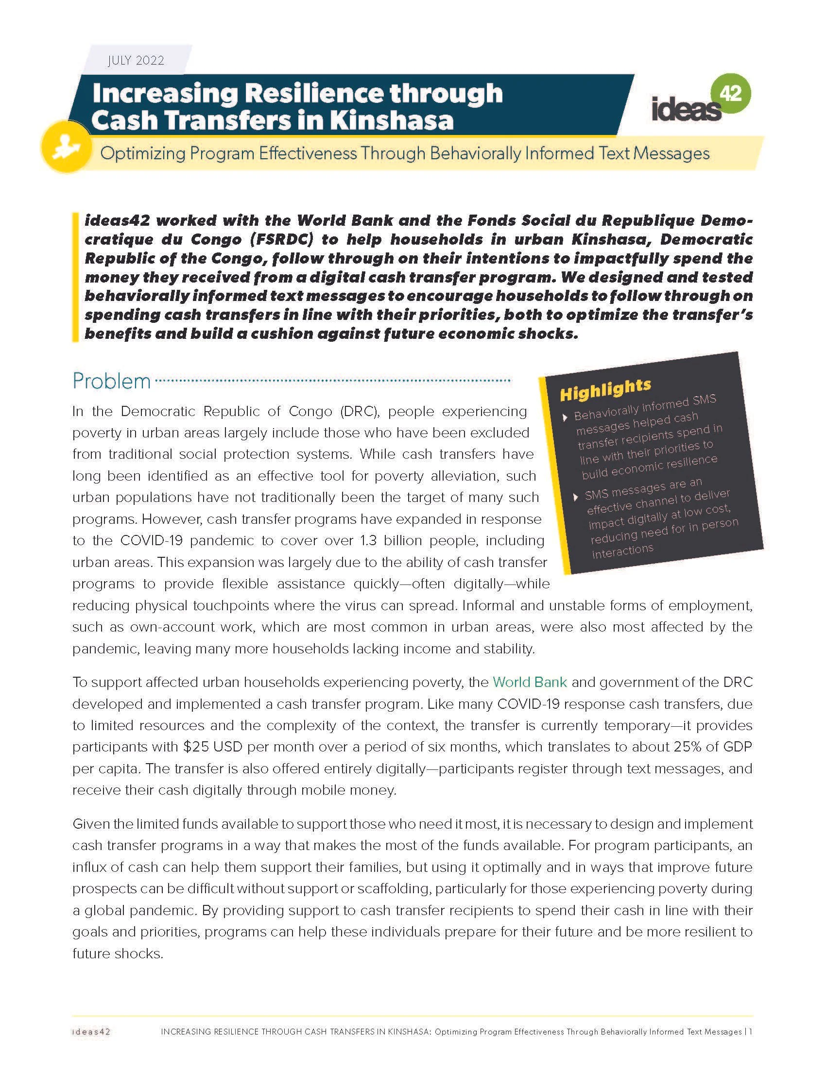 Increasing Resilience through Cash Transfers in Kinshasha