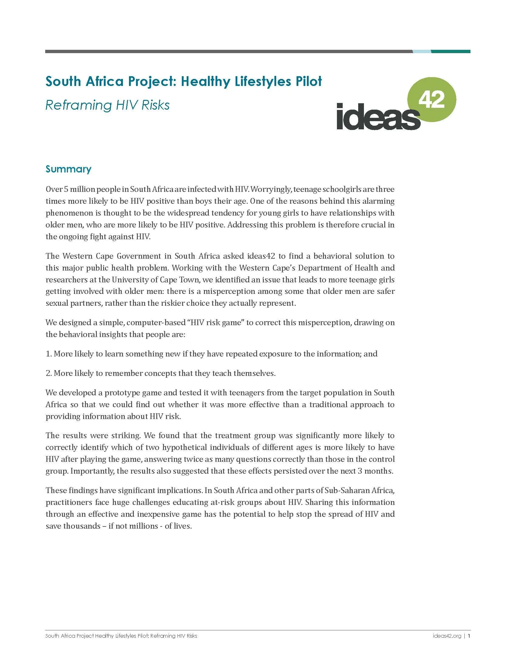 South Africa Project: Health Lifestyles Pilot