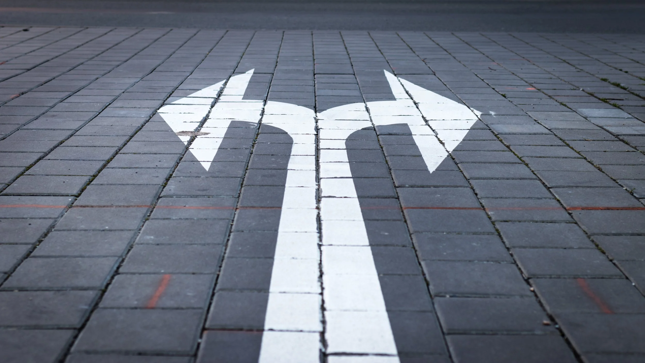 White road markings on dark gray brick pavement indicating a fork in the road with two arrows pointing left and right.