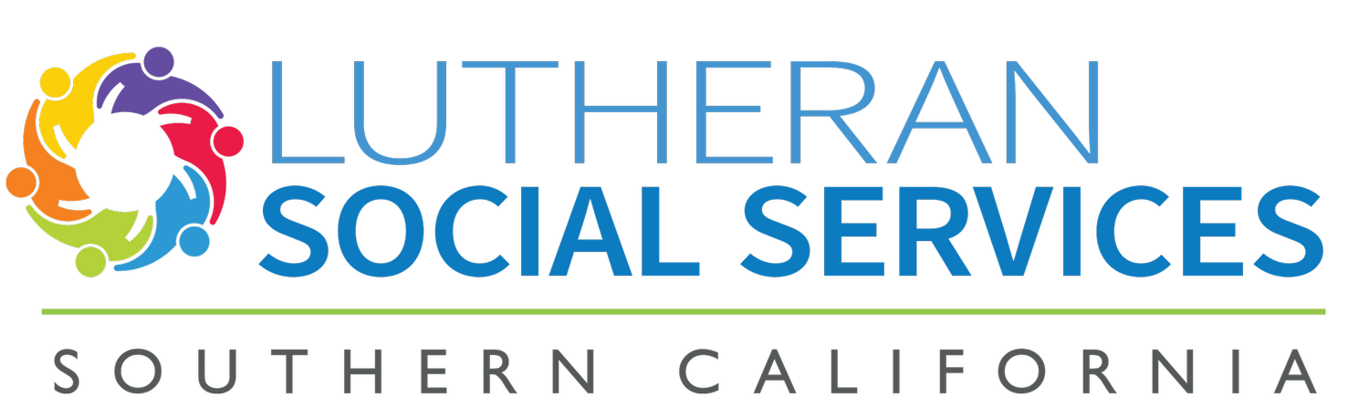 Logo for Lutheran Social Services Southern California, featuring a colorful circular design with human figures and a book, with the text 'Lutheran Social Services' in blue and 'Southern California' in gray underneath.