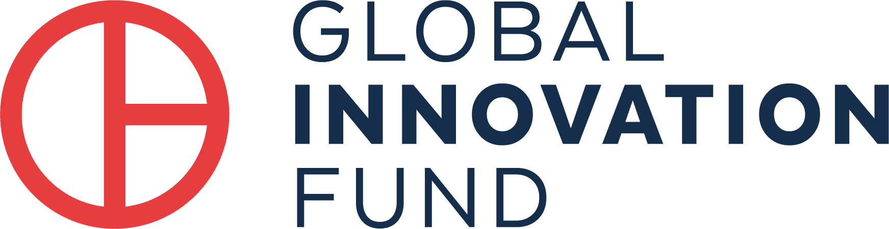 Logo of the Global Innovation Fund, featuring a red circular symbol with a vertical and horizontal line crossing inside, next to the words 'GLOBAL INNOVATION FUND' in blue uppercase letters.