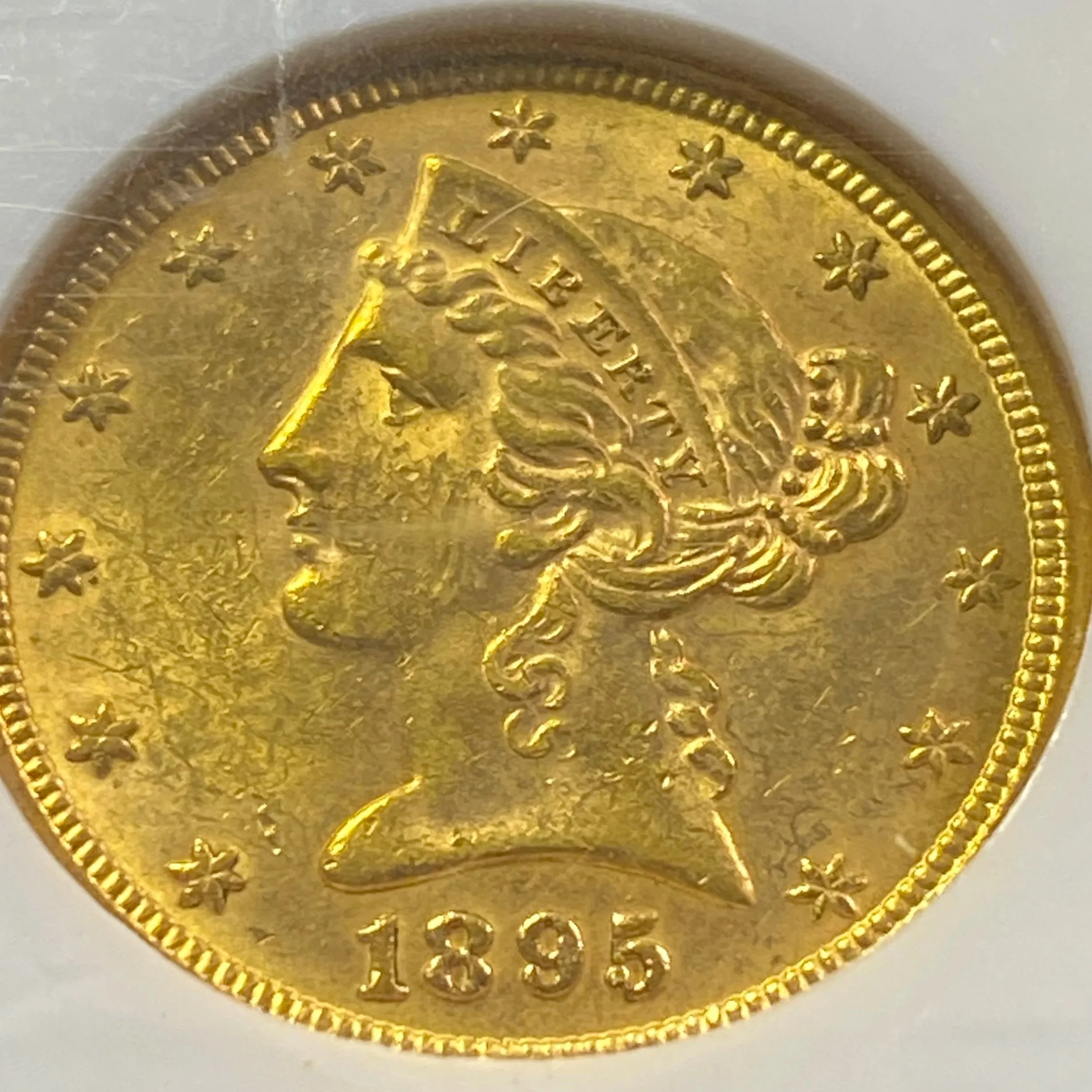 Close-up of a 1895 Indian Head gold coin featuring Lady Liberty with a feathered headdress, surrounded by stars.