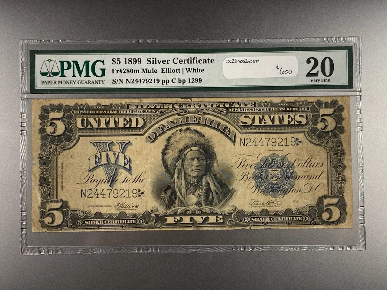 A 5-dollar silver certificate bill from 1899 featuring a Native American chief in the center, enclosed in a protective plastic case with a grading label at the top.
