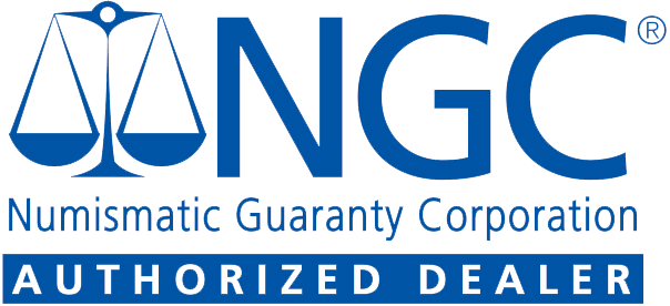 Logo of the Numismatic Guaranty Corporation featuring a stylized balance scale and the text 'NGC' and 'Authorized Dealer.'