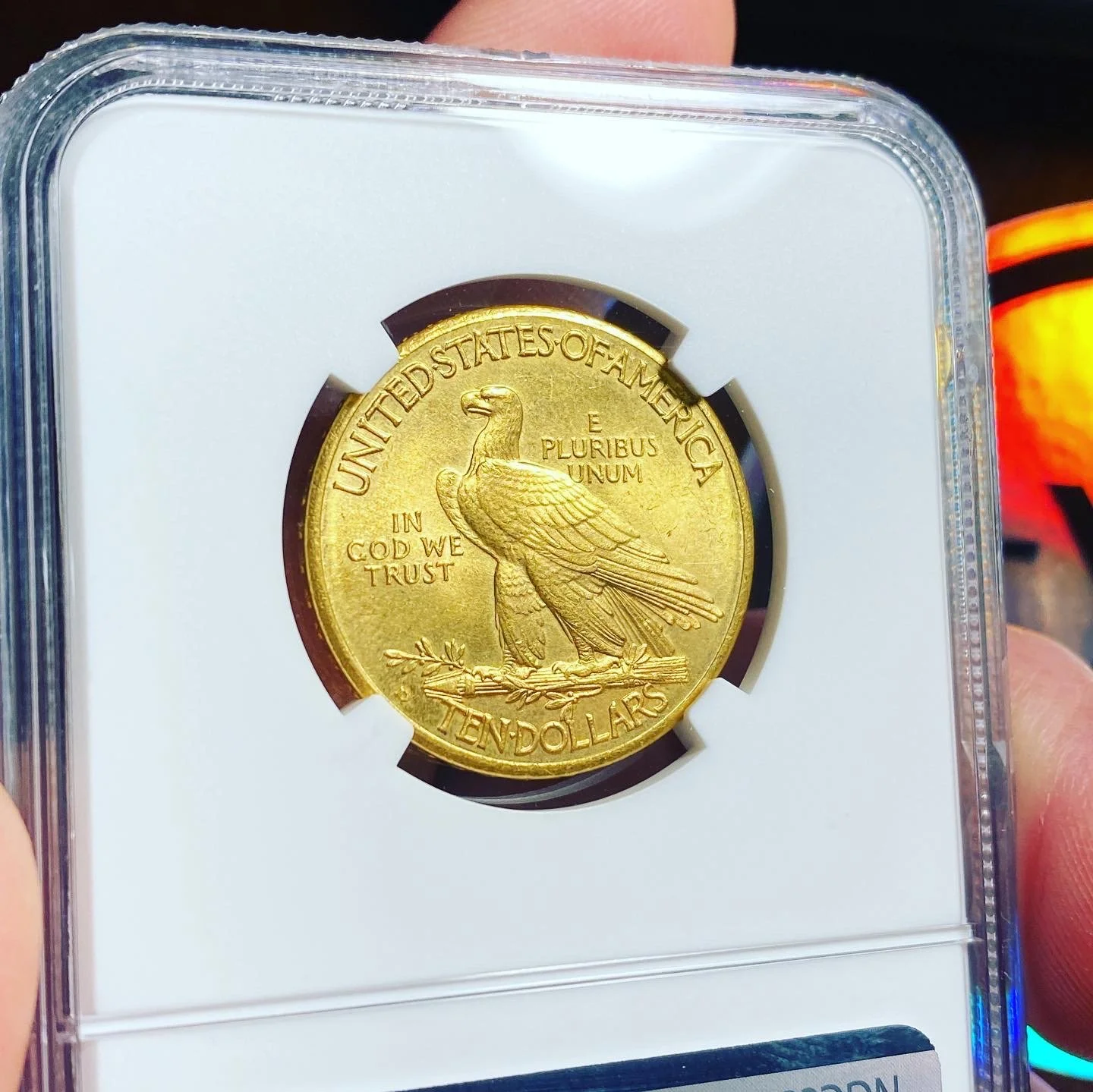 A gold ten dollar coin featuring an eagle standing on a branch, enclosed in a protective case.