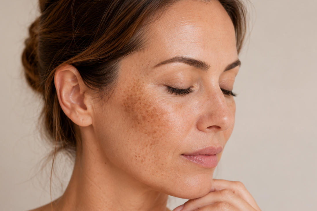 A woman receiving a facial treatment under a magnifying light in a spa or clinic setting.