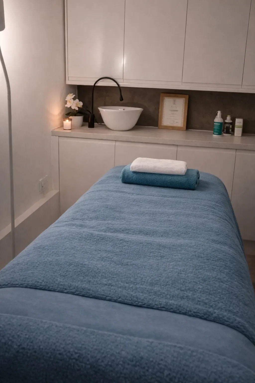 Massage table covered with blue towel and white folded towel, in a spa room with a sink, candles, framed certificate, and bottles of skincare products in the background.